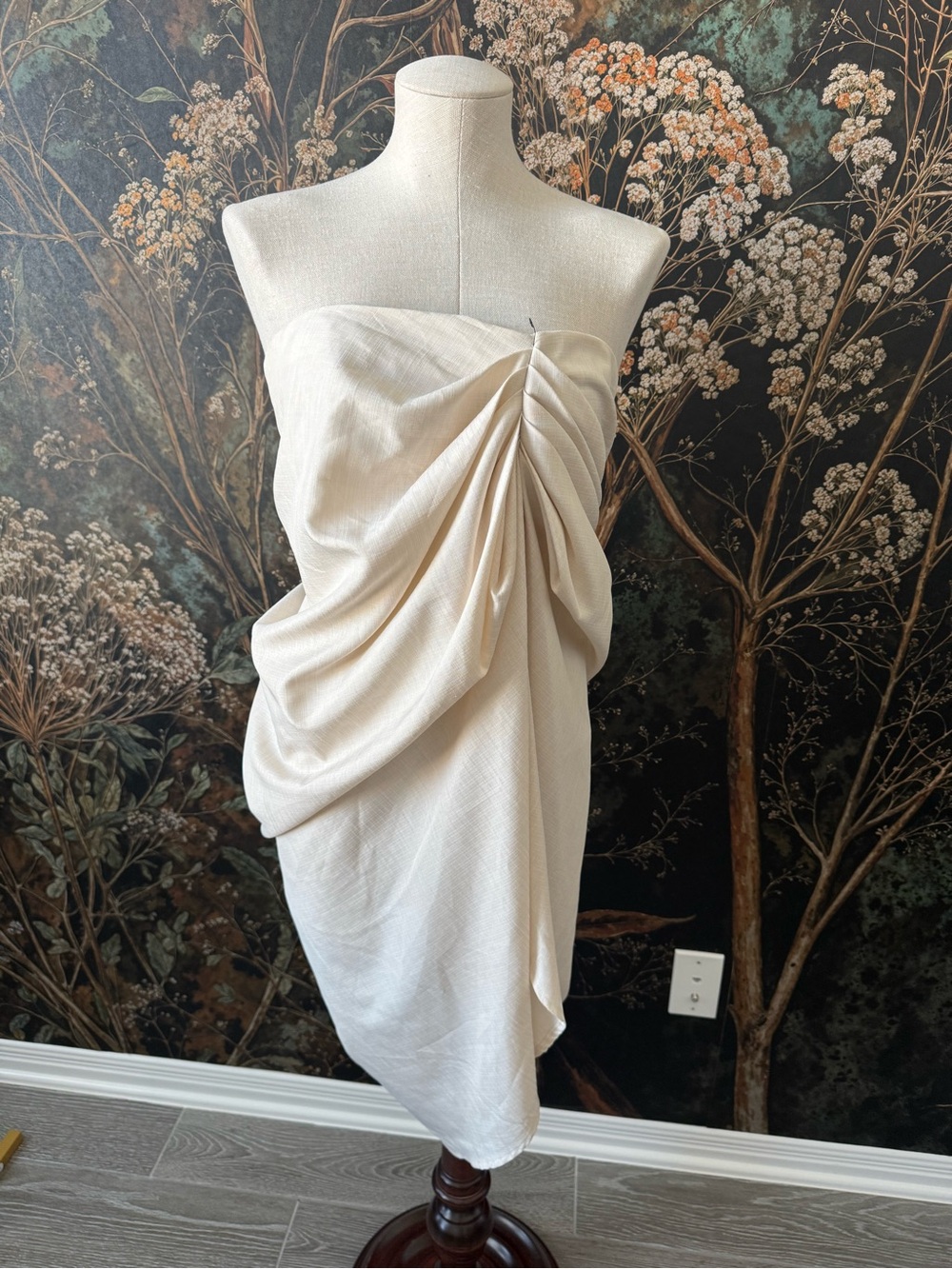 PrettyLittleThing Cream Strapless Draped Midi Dress